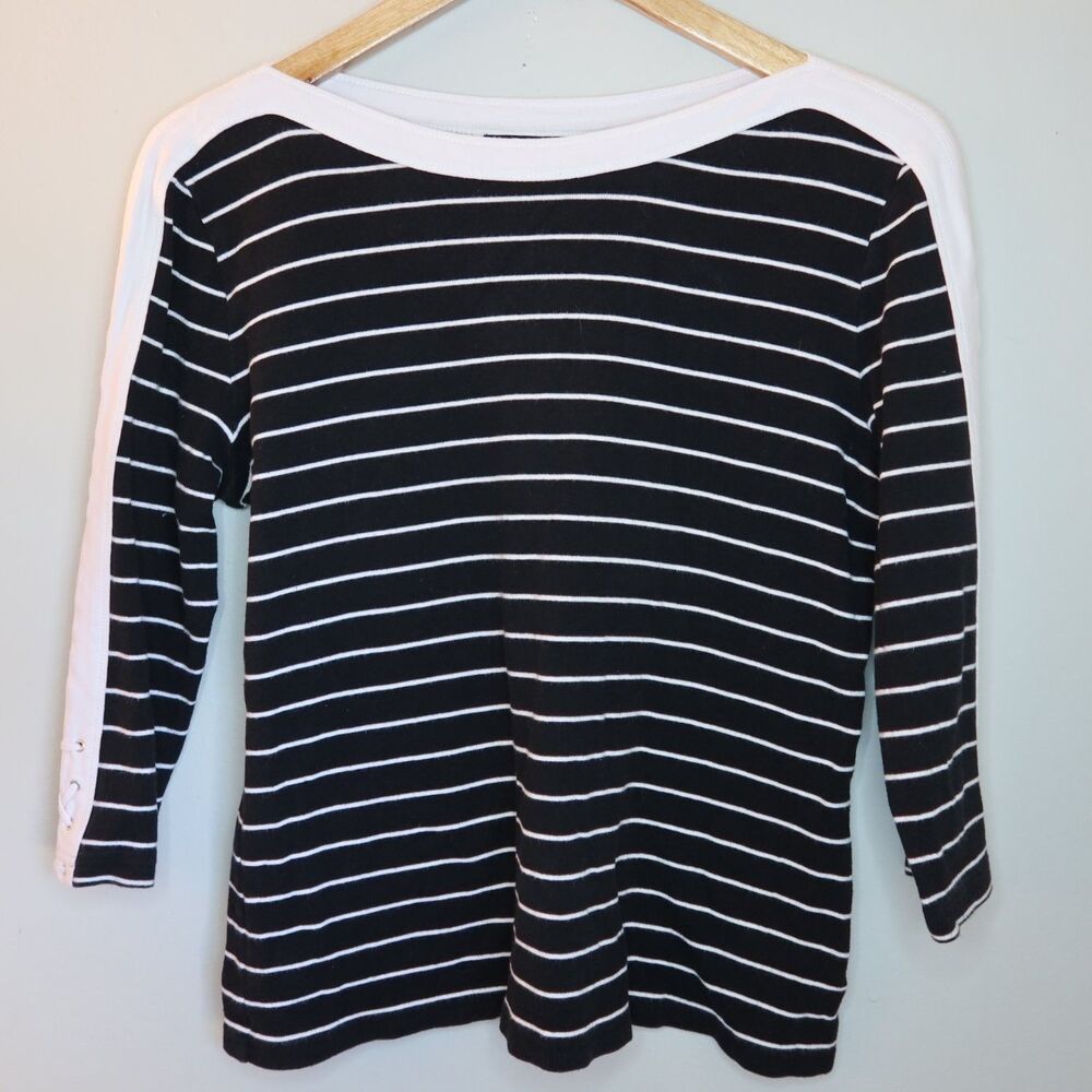 Chaps Boatneck Striped 3/4 Sleeve Top Womens L Black Boat Neck Grommets